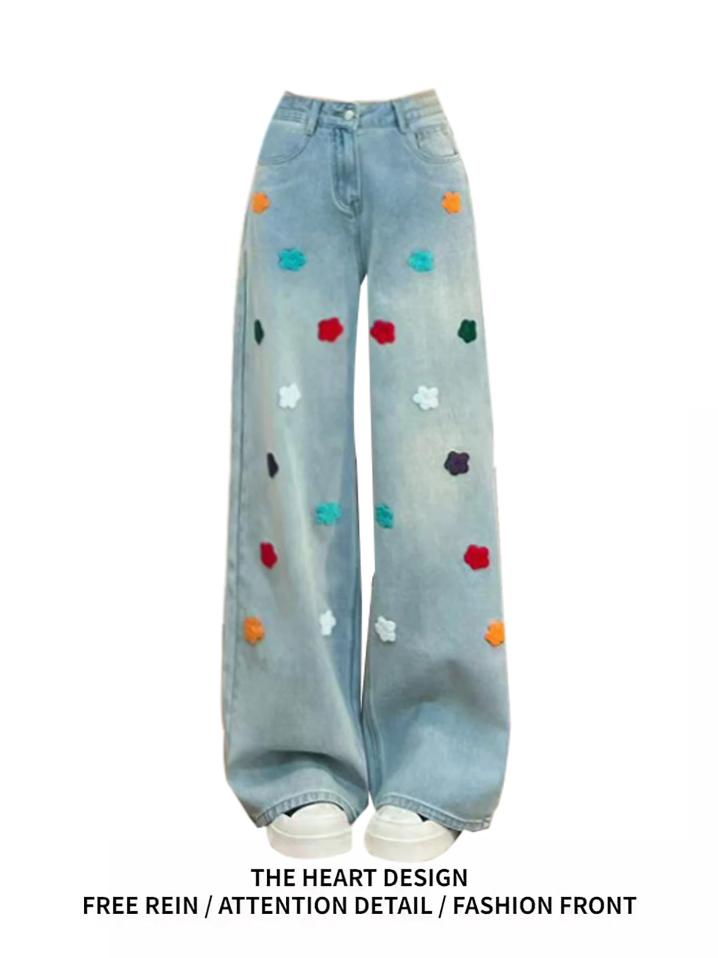 

Cisas Embroidered Wide Leg Jeans Women's Spring Autumn Loose Straight Knife Long Jeans Retro High Waist Denim Pants