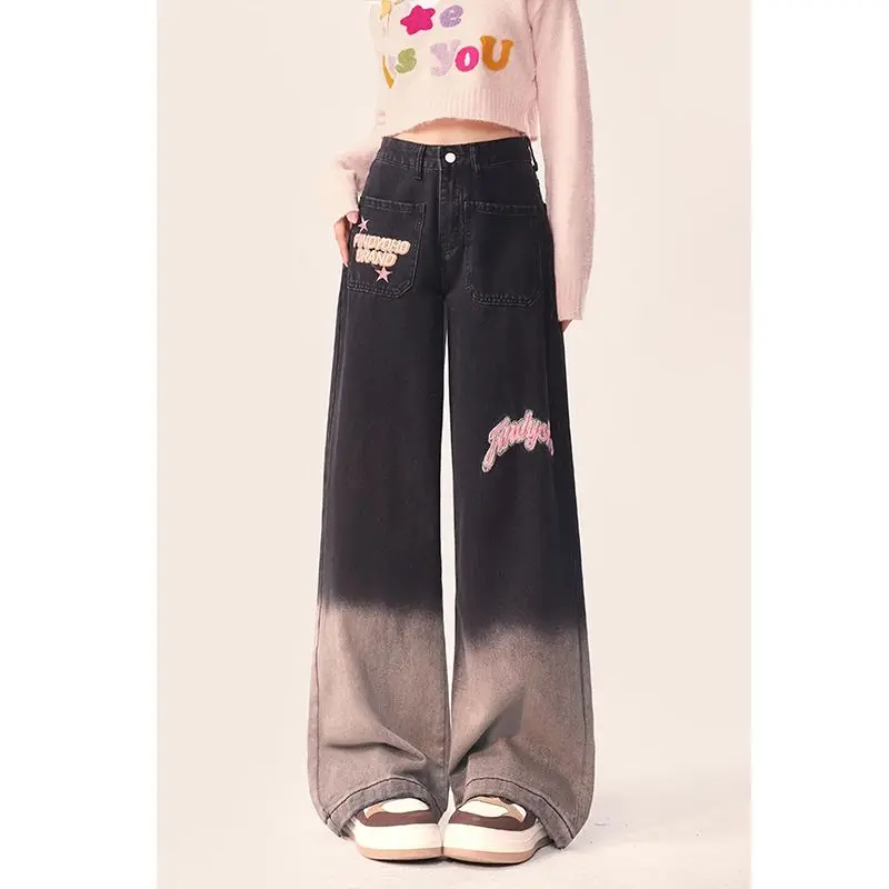 

Korea Women Jeans Letter Printing High Waist Straight Baggy Denim Pants Europe America Fashion Y2K Female Wide Leg Denim Trouser