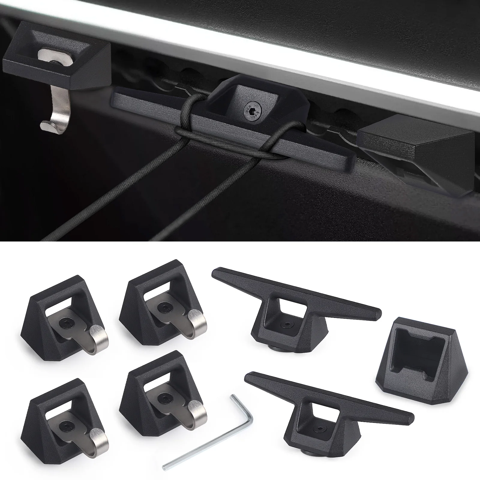 

For Tesla Cybertruck 2024 Black Aluminum Rear Bucket Pull Ring Track Accessories Set Car Equipment 4 Hooks 2 D-rings 1 Opener