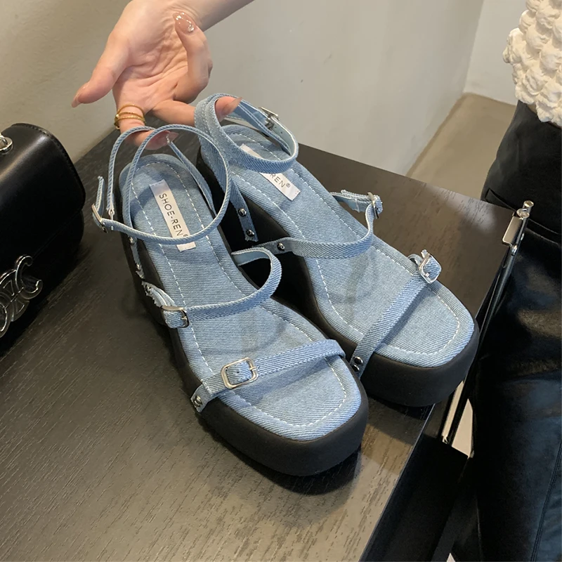 

Summer Denim Platform Wedges Sandals Women Fashion Square Toe Cross Tied Height Increase Open Toe Women Shoes 2024 Ankle Strap