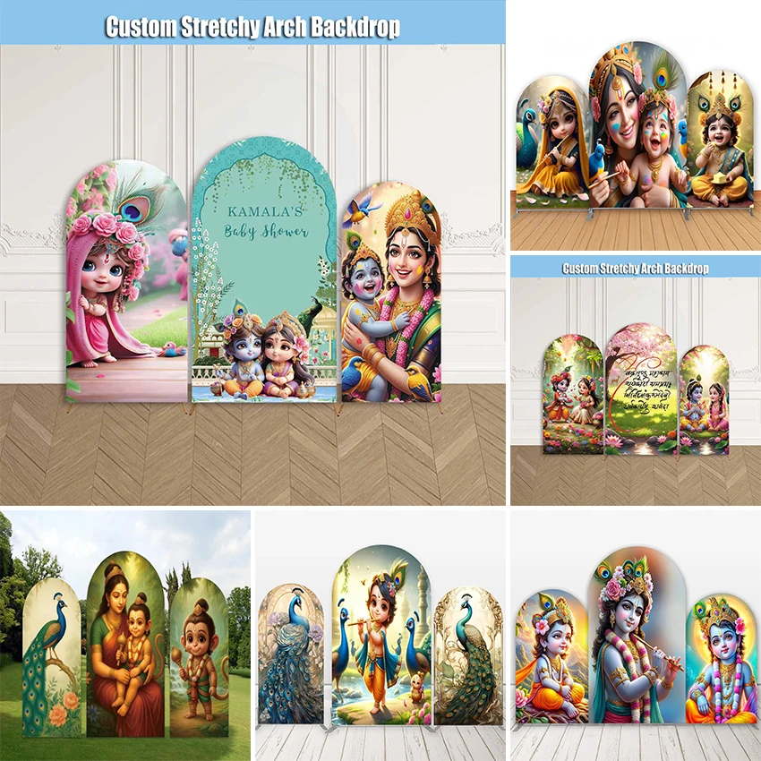 Mehofond Custom Baby Krishna Radha Yashoda Indian Peacock Kids Birthday Party Baby Shower Cover Arch Background Decor Backdrop