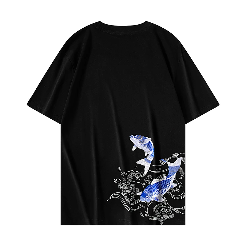 Mens Summer T Shirts Chinese Carp Embroidery T Shirt Men Vintage Graphic Tees Harajuku Cotton Casual Short Sleeve High Quality