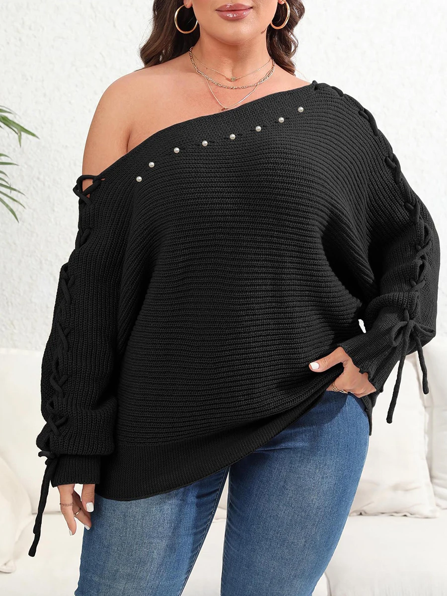 Women s Plus Size Sweater Cozy Cable Knit Off Shoulder Long Sleeve Pullover with Tassel Detail Casual Streetwear Fashion Trend