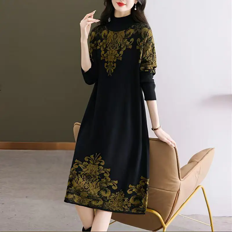 여성을 위한 한국 패션 프린트 니트 풀오버 가을 겨울 캐시미어 두꺼운 따뜻한 스웨터 드레스 2025 우아한 루즈 프로무 드레스