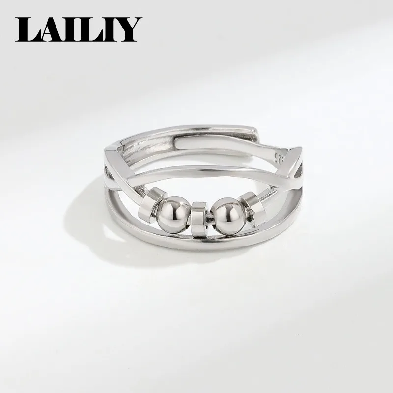 LAILIY925 Sterling Silver Birthday Gift Party Rotating Beads Hip Hop Style Adjustable Ring for Men Women Fashion Jewelry