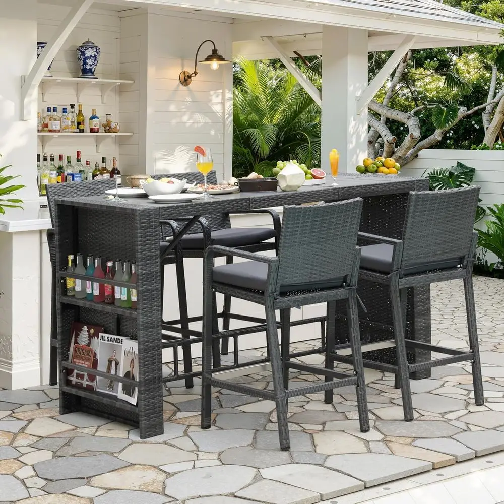 

Gray 5-Piece Outdoor High Top Wicker Bar Set with Rattan Table and 4 Chairs, Patio Counter Height Dining with Cushions and Armre