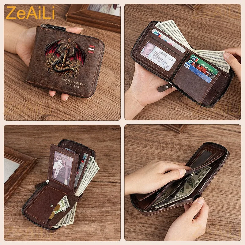 Dragon Short Men Zipper Wallets Slim Classic Coin Pocket Photo Holder Small Male Wallet Card Holder Frosted Leather Boys Purses