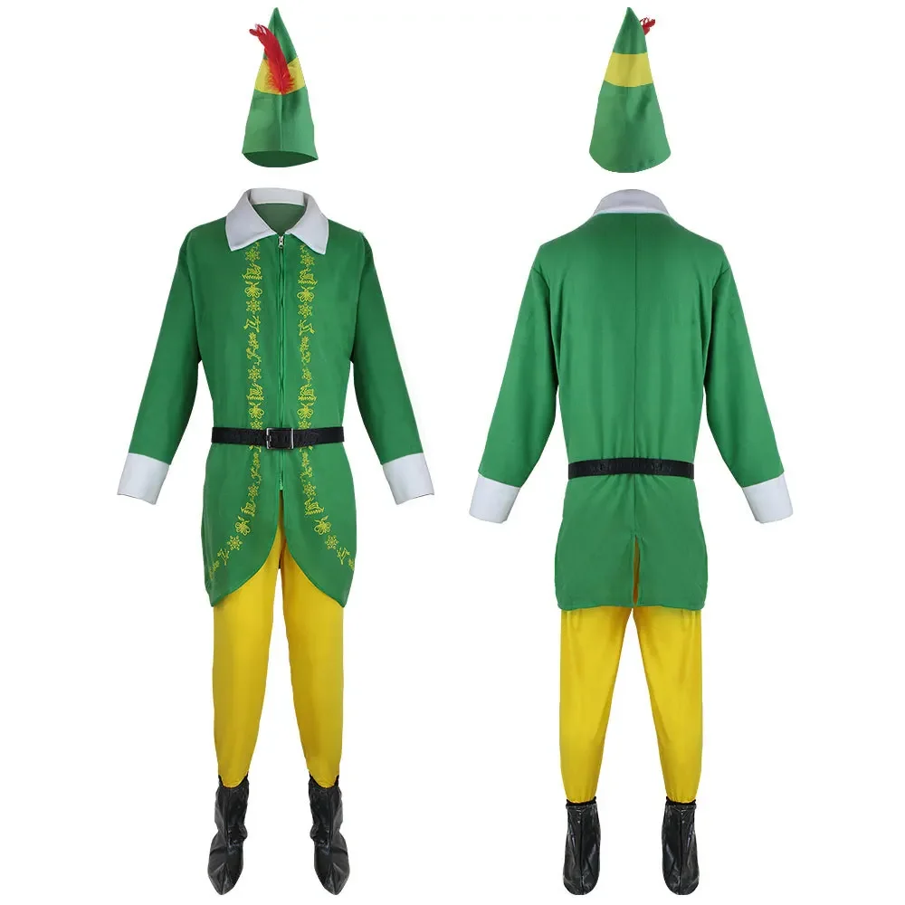 

2025 Christmas Elf Costume Christmas Buddy Santa Claus Green Suit Hat Coat Pants Men Outfit Xmas New Year Adult Clothes Set