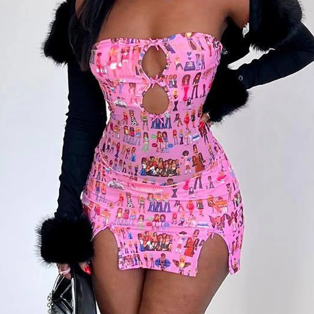 2024 New Hollow Out Split Mini Dress Pink Figure Printed Fashion gonna senza spalline Backless Spicy Girl Slim Fit Dress