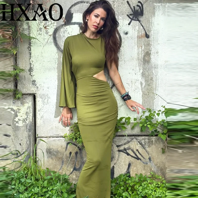 HXAO Abito lungo femminile Abiti da festa ritagliati Estate Una spalla Abiti eleganti da donna Abito longuette verde aderente increspato Vestido