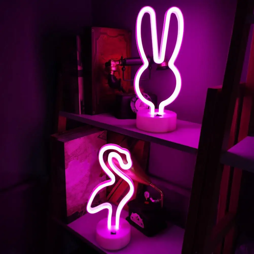 LED Neon Light Creative Shape USB/Battery Operated Animal Themed Flamingo Rabbit Neon Sign Lamp Desktop Decor