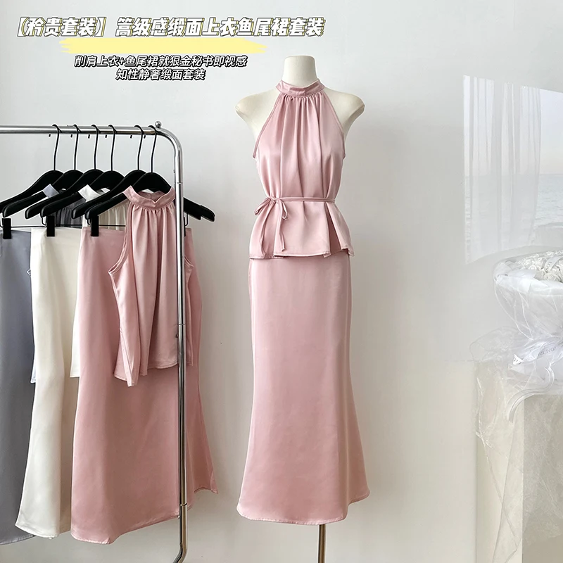 

Sweet Hot Girl Casual Suit Women's Summer Satin Sleeveless Top High Waist Long Skirt Two-piece Set Fashion Female Clothes
