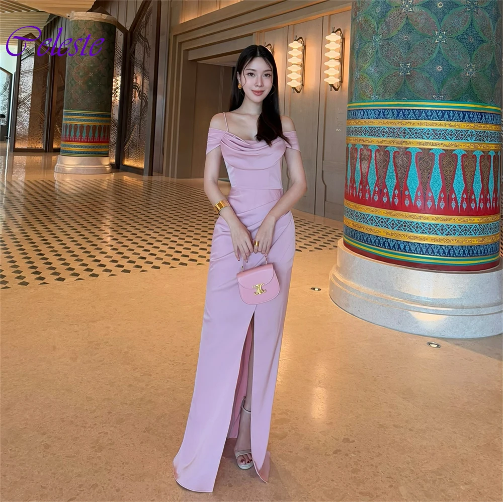 Gaun Pesta Satin Lavender Kustom Gaun Malam Berkualitas Tinggi Gaun Selebriti Celah Samping Tali Spaghetti Tanpa Tali Modern