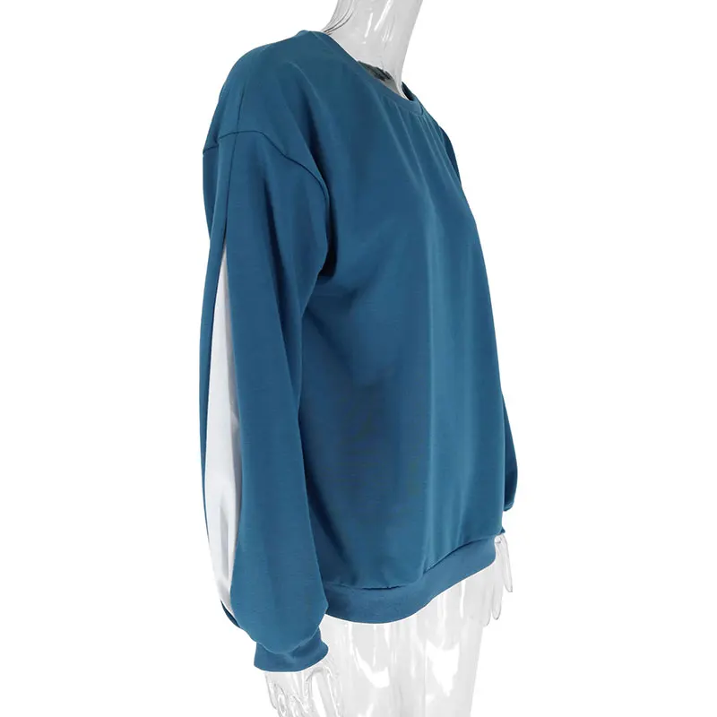 Otoño nuevo sin Sudadera con capucha mujer ropa de calle moda manga larga Patchwork cuello redondo pulóver señora versátil tejido Casual ropa delgada