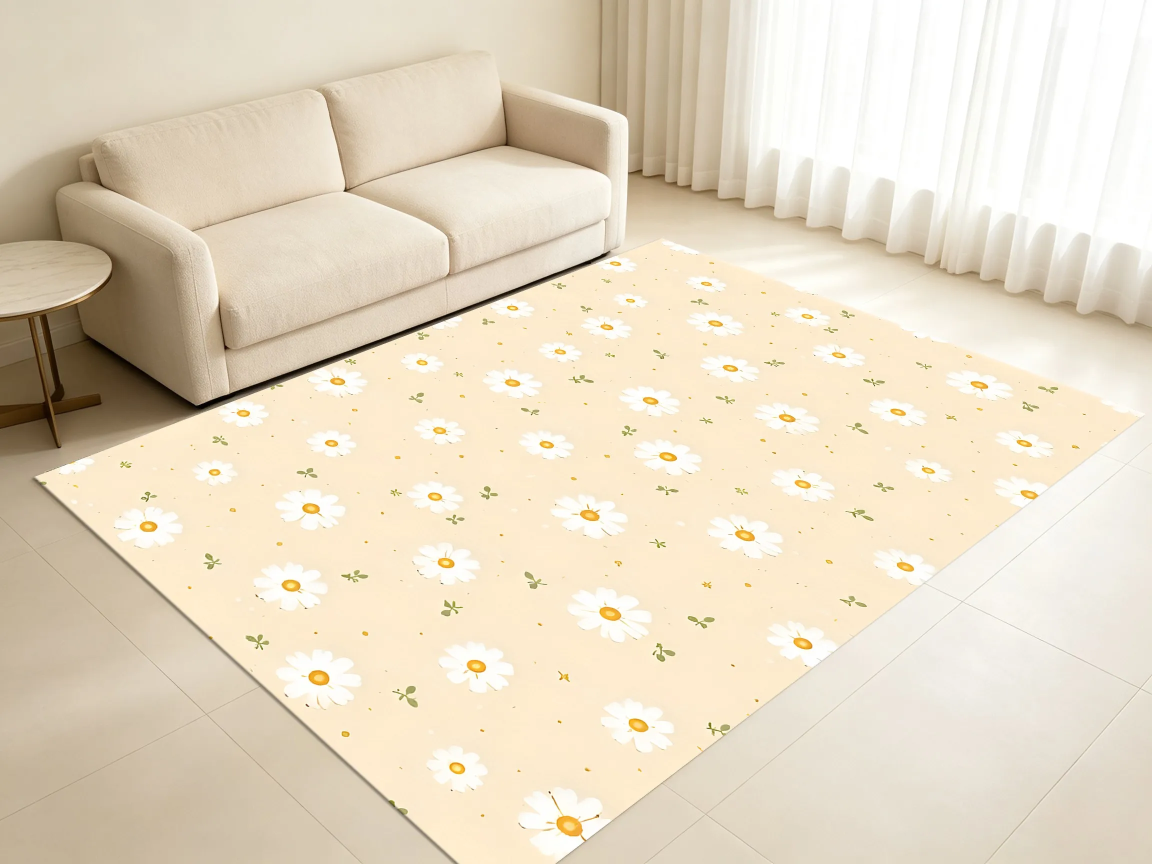 Fresh Watercolor Daisy Floral Area Rug Creamy Yellow Soft Velvet for Living Room Bedroom Home Decor