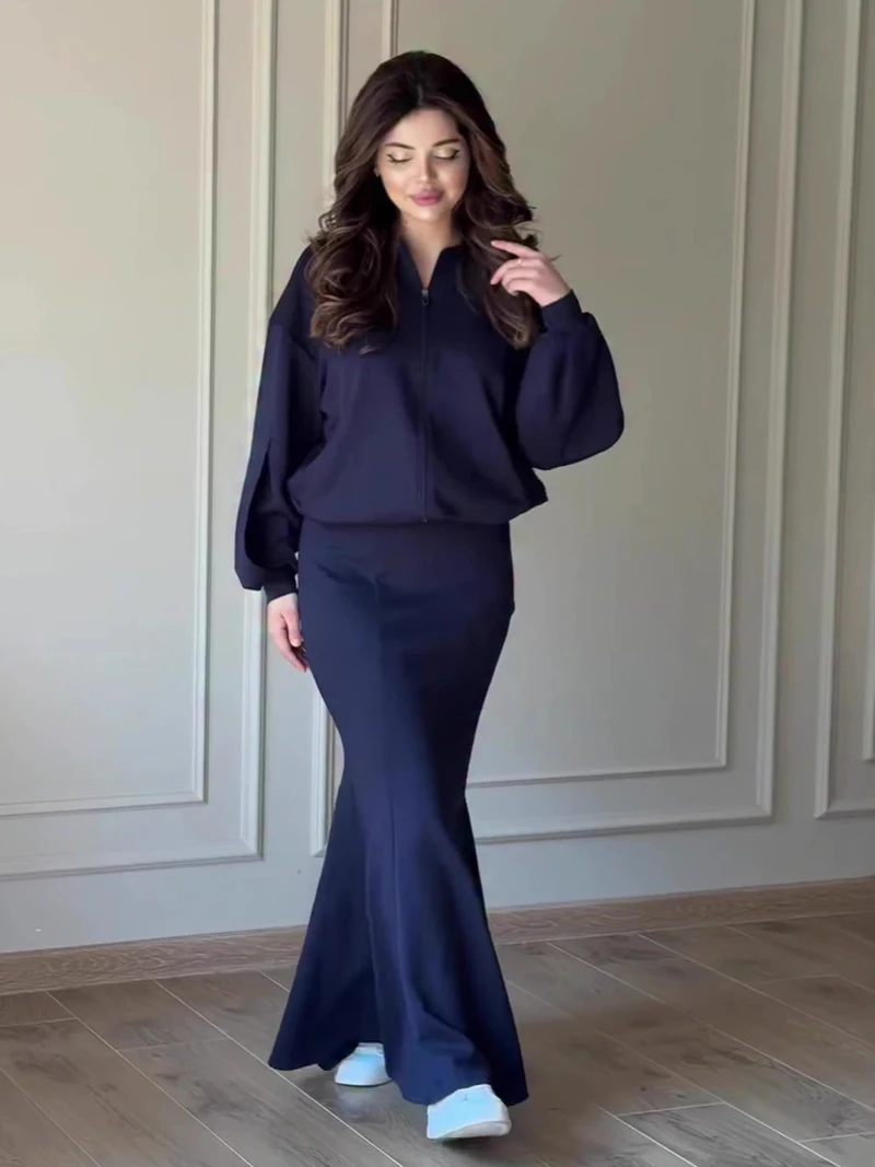 

Elegant Women Skirt Set Two Pieces Loose Cardigan Jacket and High Waist Mermaid Long Skirt Autumn Winter Fashion Coat Suits