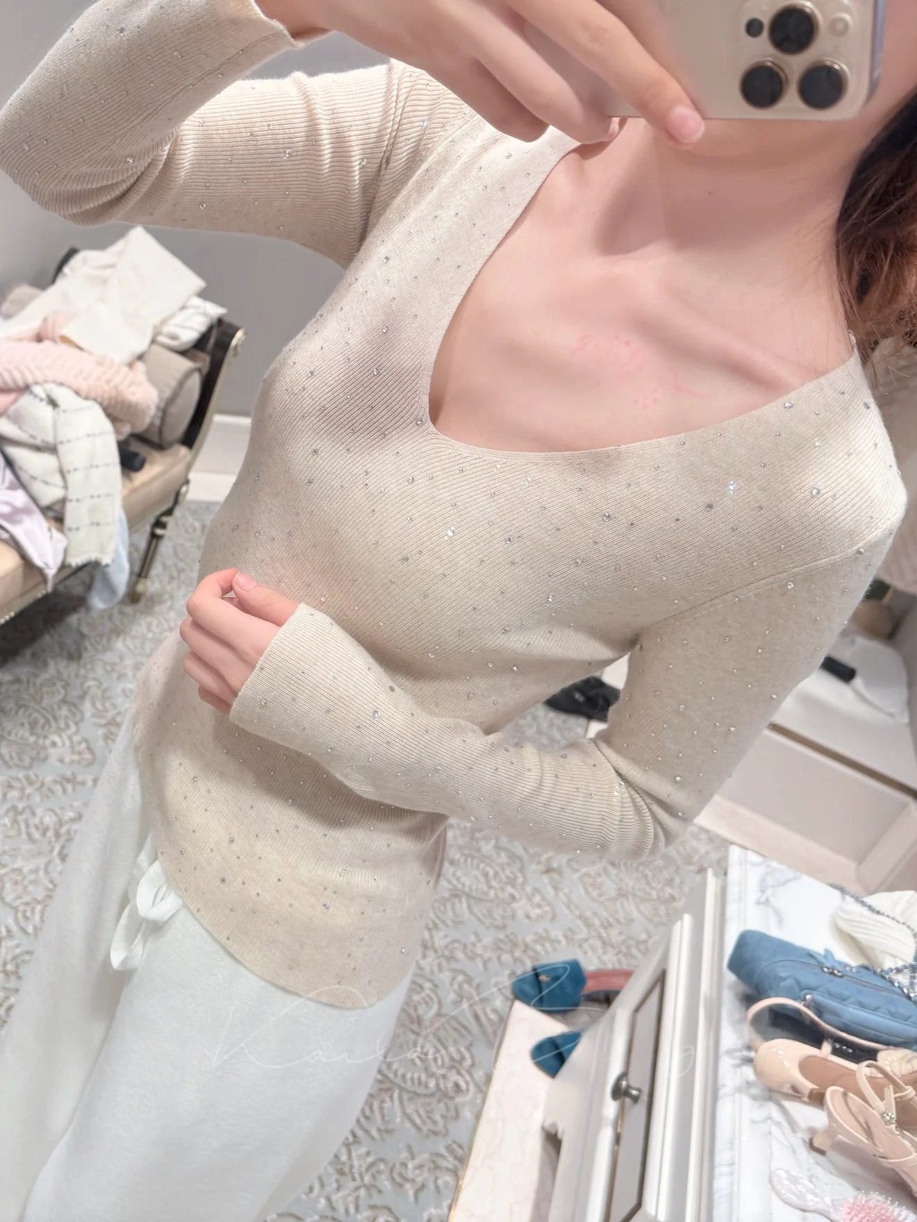 

Женский модный осенний топ Iny Star V-ne Knitwear Slim Fit с длинными рукавами, украшенный стразами, стандартной длины