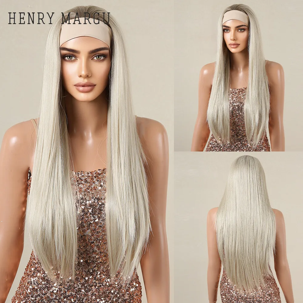 HENRY MARGU Long Straight Headband Synthetic Wigs Platinum Blonde Brown Hair Wig for Women Cosplay Party Heat Resistant Natural