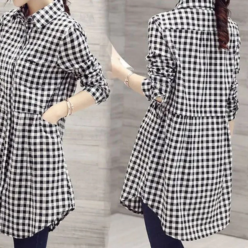 All-match Button Plaid Print Midi Shirt Female 2023 Spring Autumn New Korean Fashion Spliced Loose Long Sleeve Polo-Neck Blouse