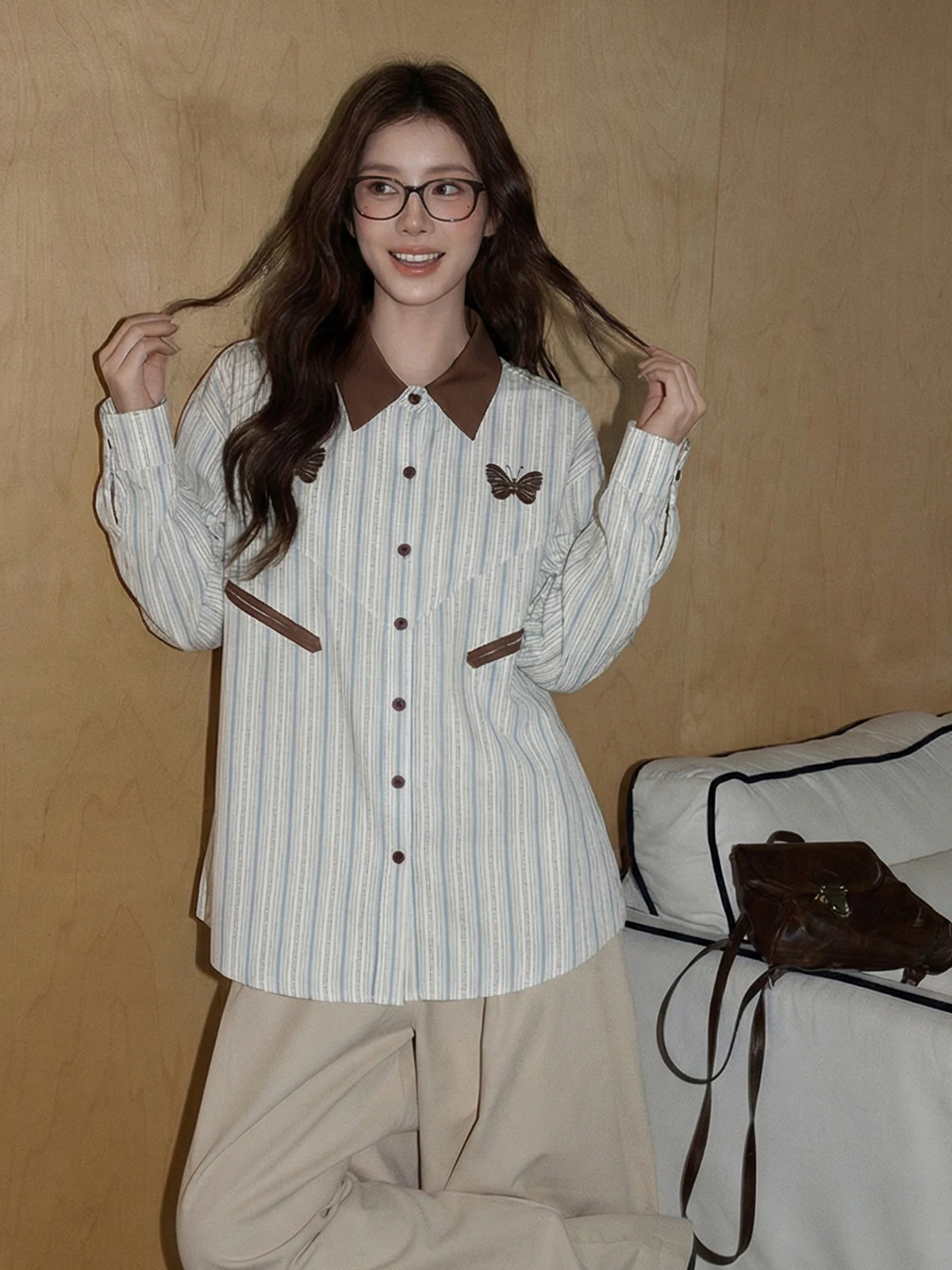 

Women's Spring New Sle Long Sve Striped irt Design Sensation Small ence Sunscreen Top Korean Loose Fit Collar