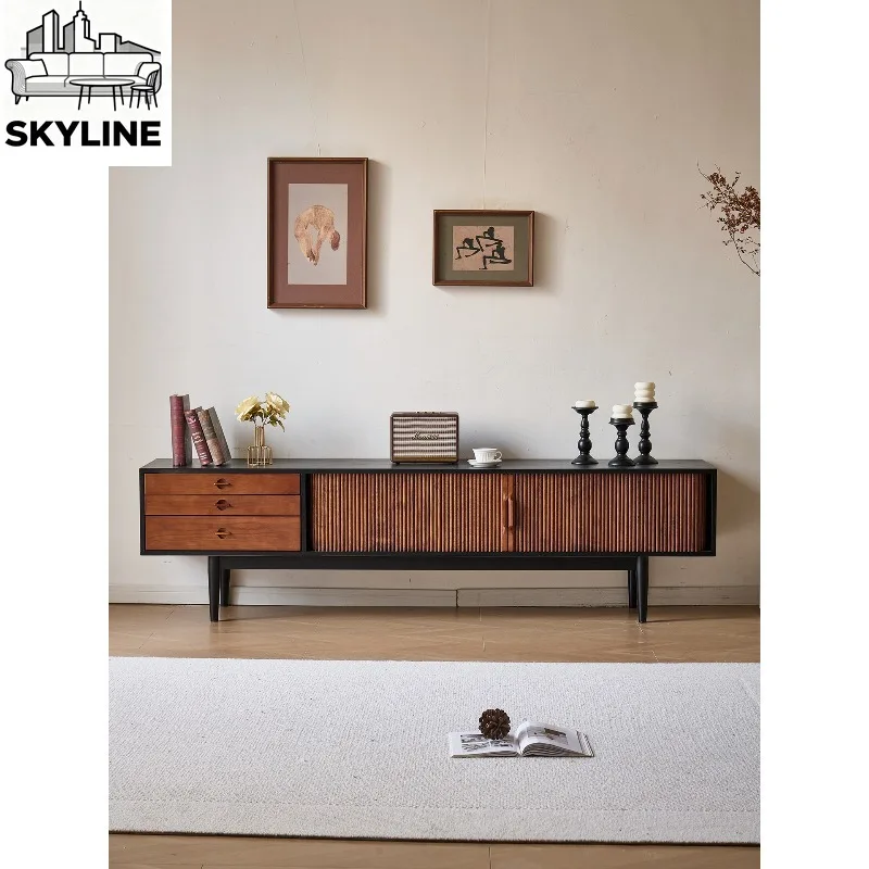 Black Vintage Ash Wood TV Console, Solid Wood Media Stand For Compact Living Room