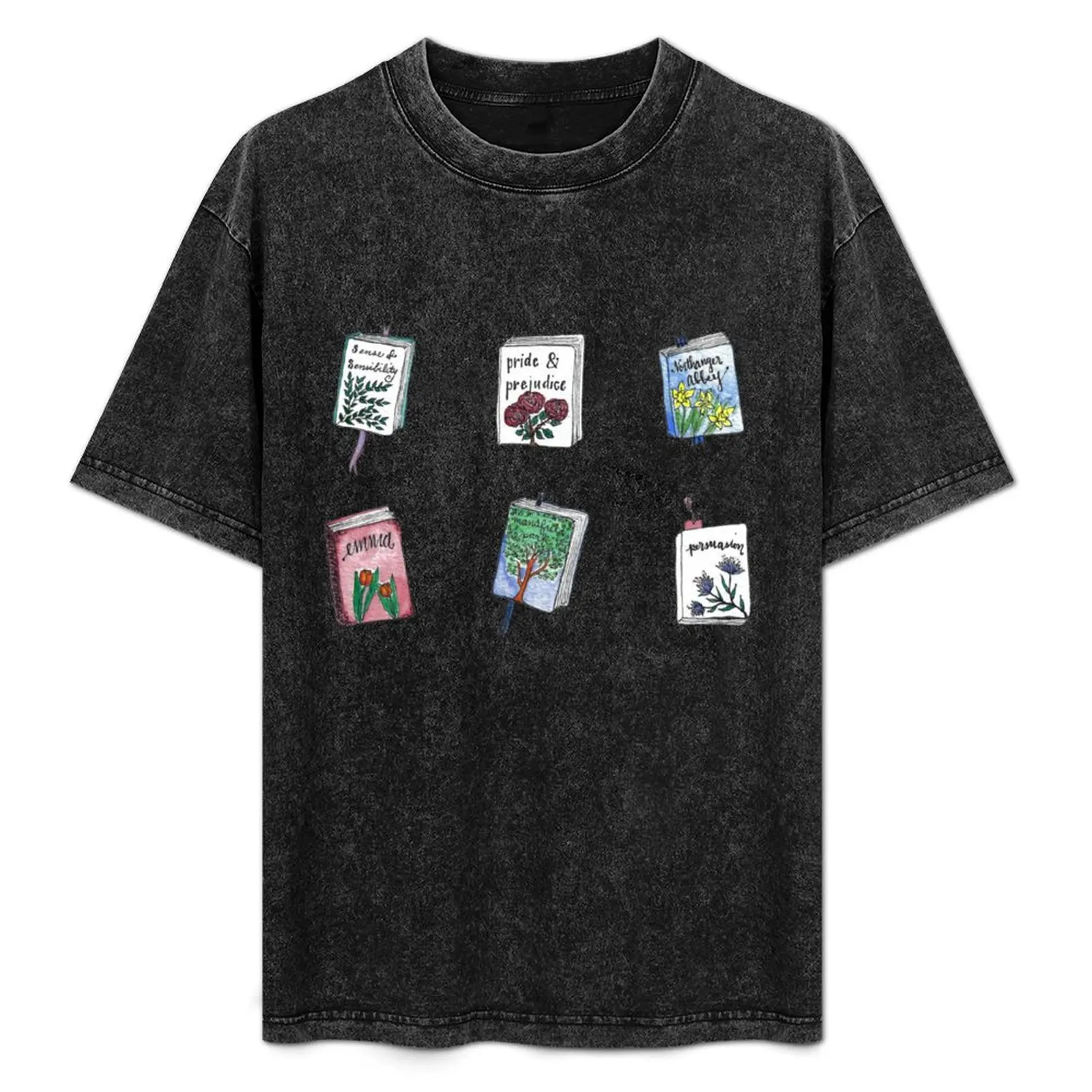 

Jane Austen Books with Flowers! T-Shirt Large Size Casual Tee Shirt