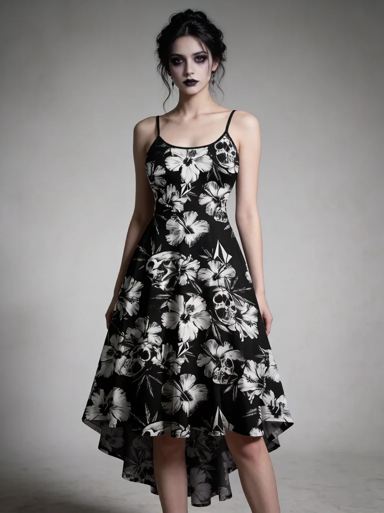 Tropical Flower Skulls Print High Low Cami Dress Women Summer Black Casual Sleeveless Vestidos Party Midi Dress Adjustable Strap