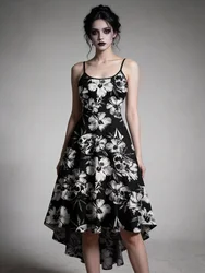 Tropical Flower Skulls Print High Low Cami Dress Women Summer Black Casual Sleeveless Vestidos Party Midi Dress Adjustable Strap