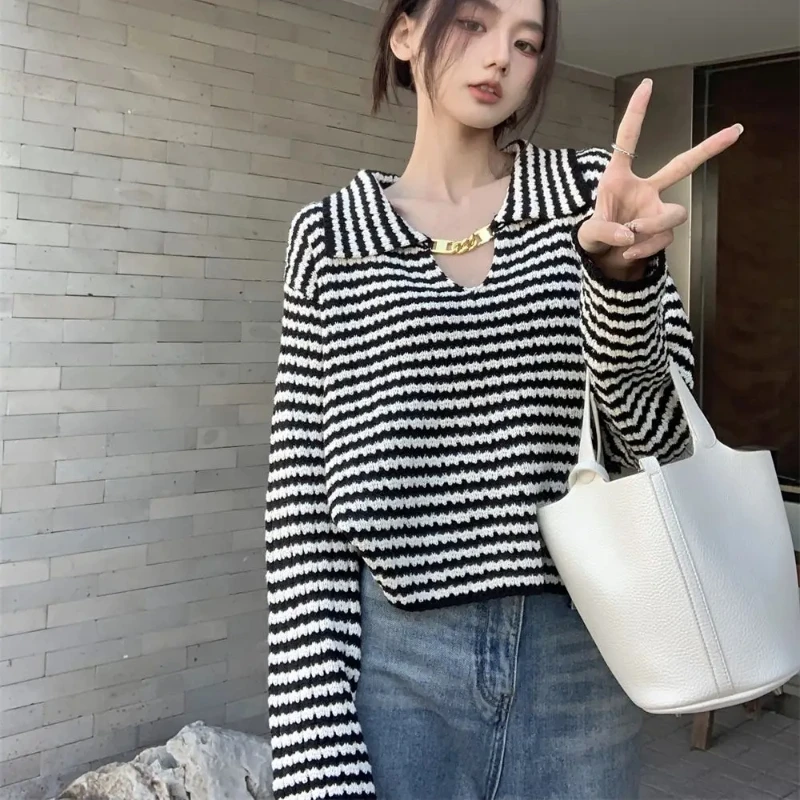 Spring Autumn Polo Neck T Shirt for Women Knitted Striped Luxury Clothing Sales Y2k Fashion On Offer New Pretty Woman Tshirt