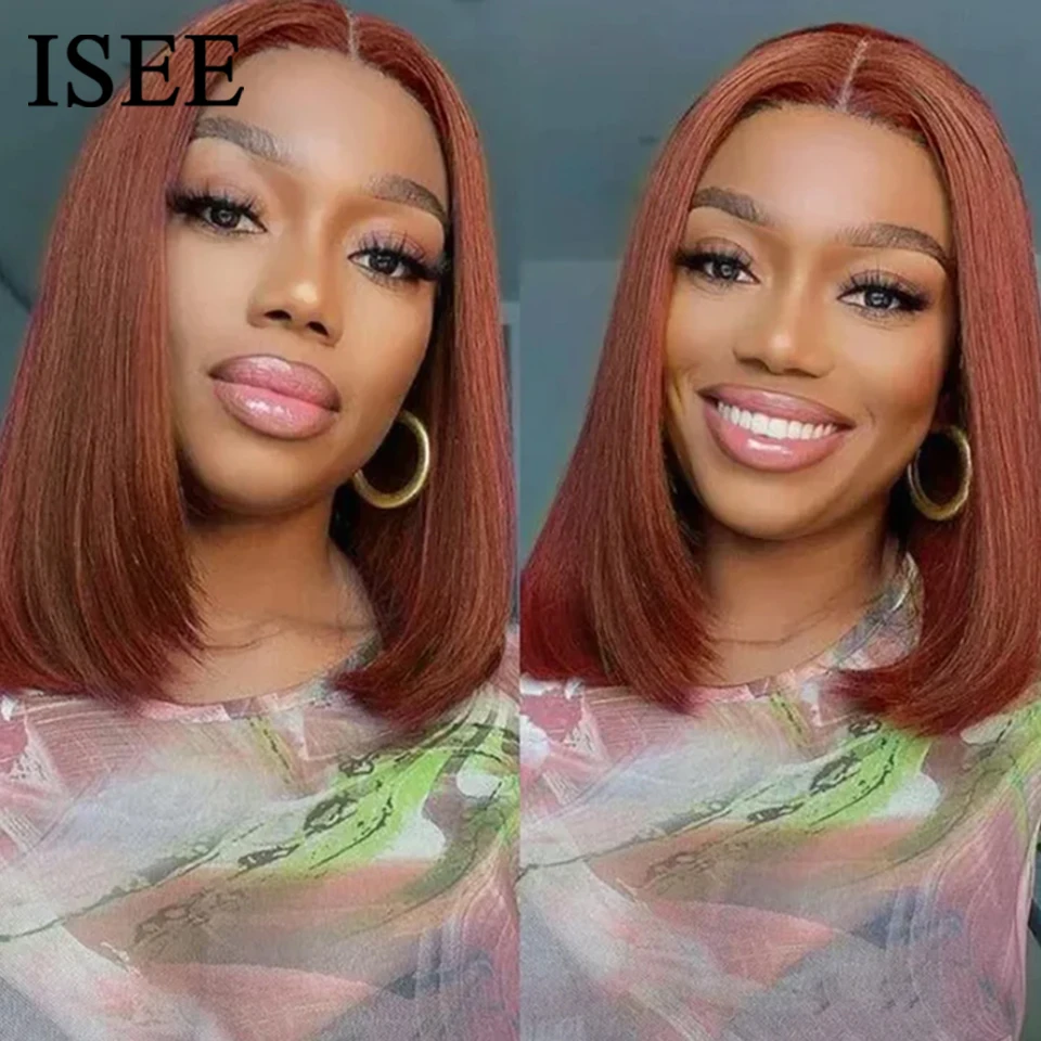 ISEE Hair Wear Go 6x4 HD Straight Lace Front Wigs Reddish Brown #33 Bob Glueless Lace Wig Human Hair PrePlucked Ready To Wear