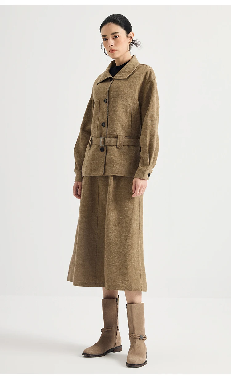 KT7623902 Damen-Midirock aus Leinen-Wollmischung, A-Linie, hohe Taille, vordere Falte, Gürtelschlaufen, leiser Luxus, Frühherbst – Detail 6