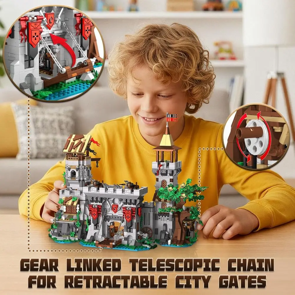 مجموعة قلعة العصور الوسطى مكونة من 2568 قطعة: قلعة الفارس مع برج المراقبة وبوابة قابلة للرفع وقوسنش للبالغين والمراهقين