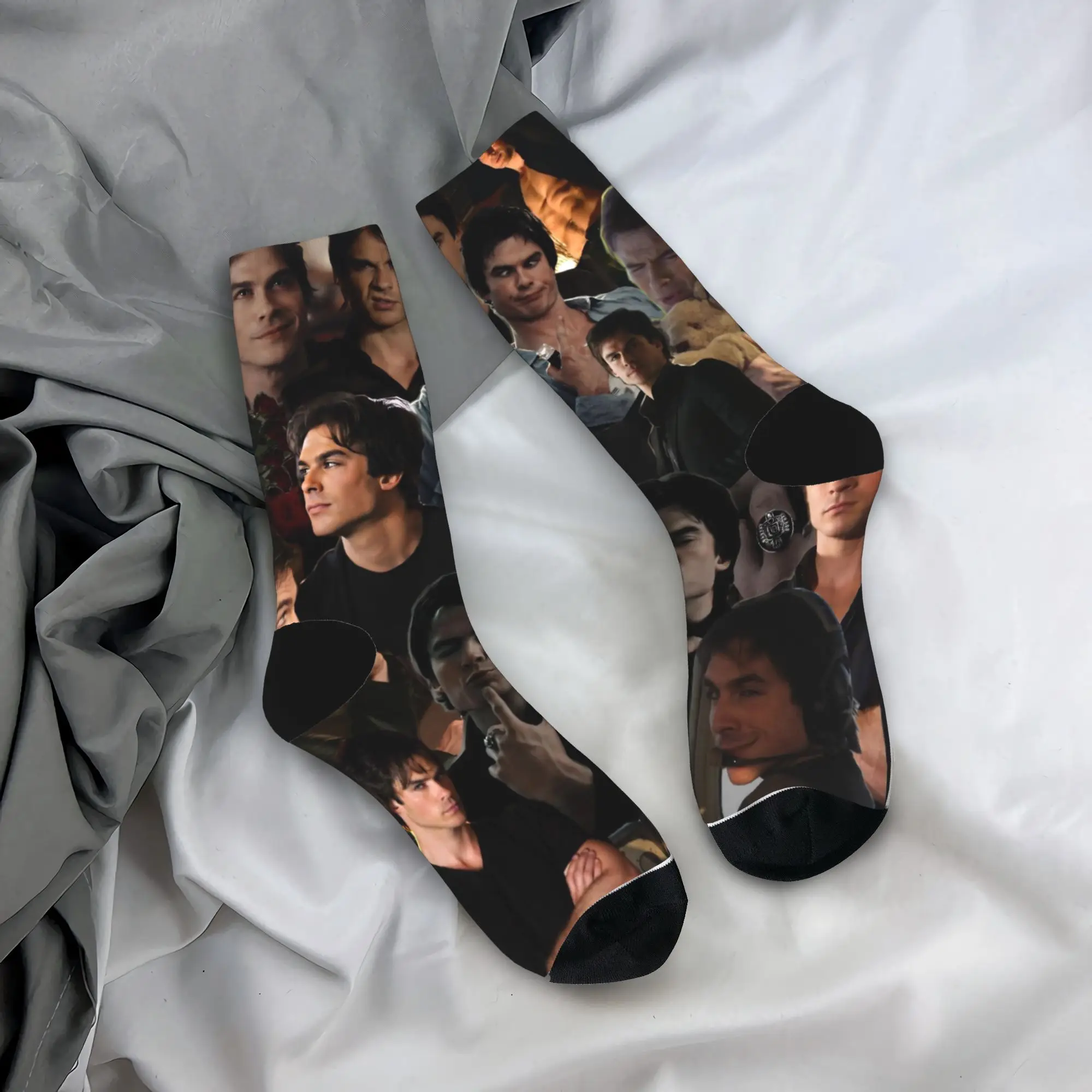 

Casual The Vampire Diaries Damon Salvatore TV Series Skateboard Socks Polyester Crew Socks for Women Men Sweat Absorbing