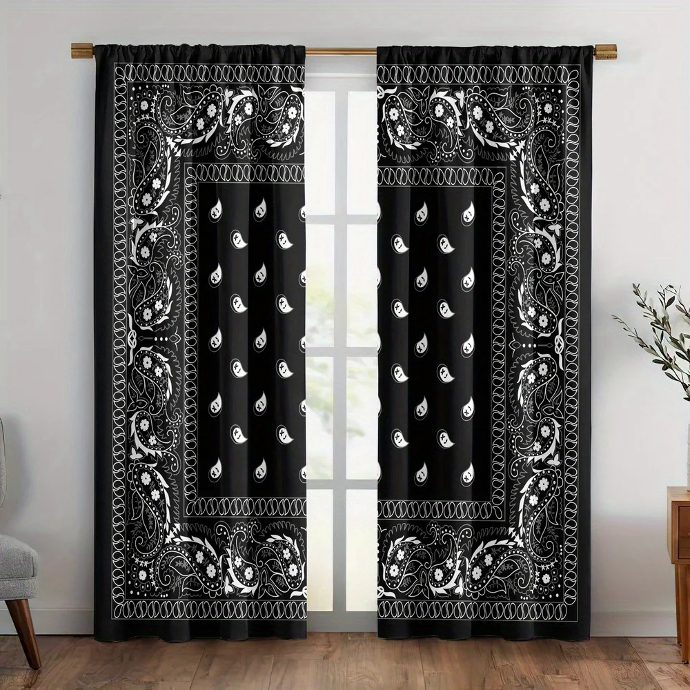2pcs Black White Paisley Print Curtains Bandana Pattern Polyester Window Drapes for Living Room Bedroom Retro Home Decor