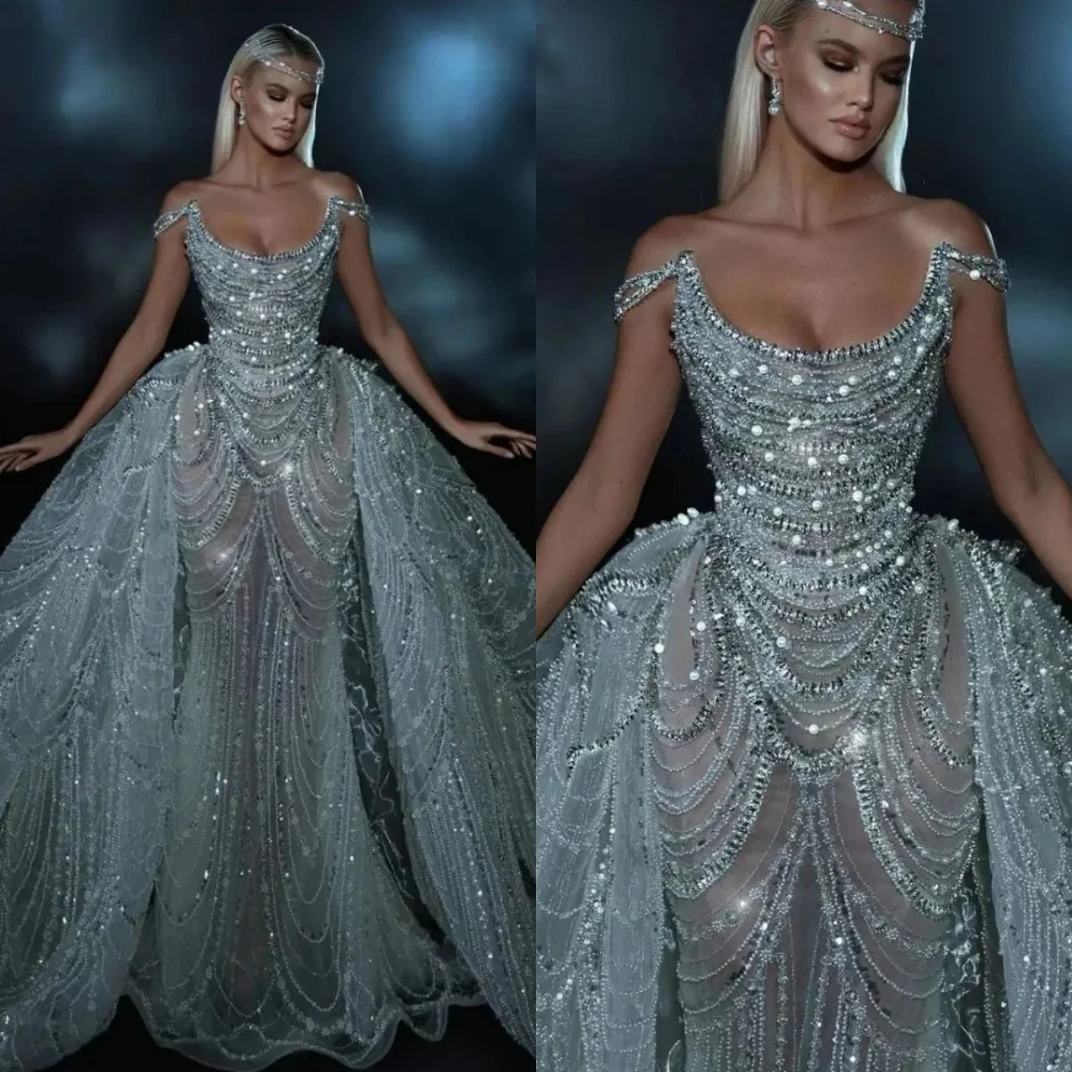 

Exquisite Pearls Sequined Wedding Dresses For Women Sexy Beading Lace Bride Dresses Customized Detachable Train Bridal Gown