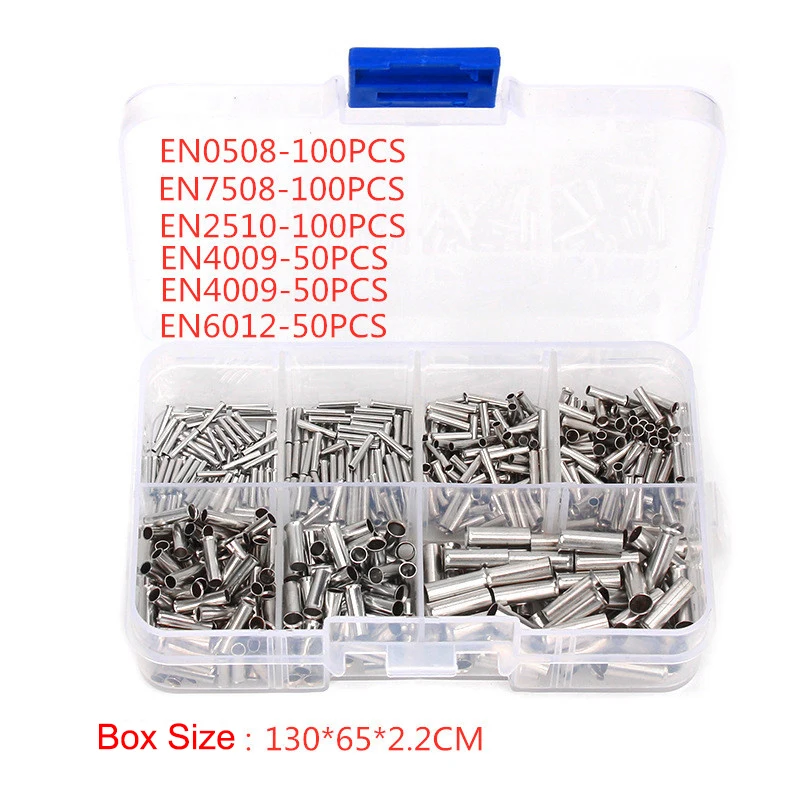 600Pcs/box 0.5-6m㎡ 22-10 AWG Non-Insulated Wire Connector Ferrules Electrical Cable Terminal Copper Bare Tinned