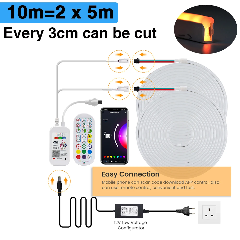 Imagem -04 - Wifi Bluetooth App Controle 12v 24v Sonho Cor Neon Luz Impermeável Ws2811 Rgb Fita Flexível Corda Led Strip eu us uk au Set