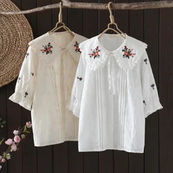 Sweet 100% cotton shirts and blouses women tops mori girls Japanese style peter pan collar white floral embroidered shirt lolita