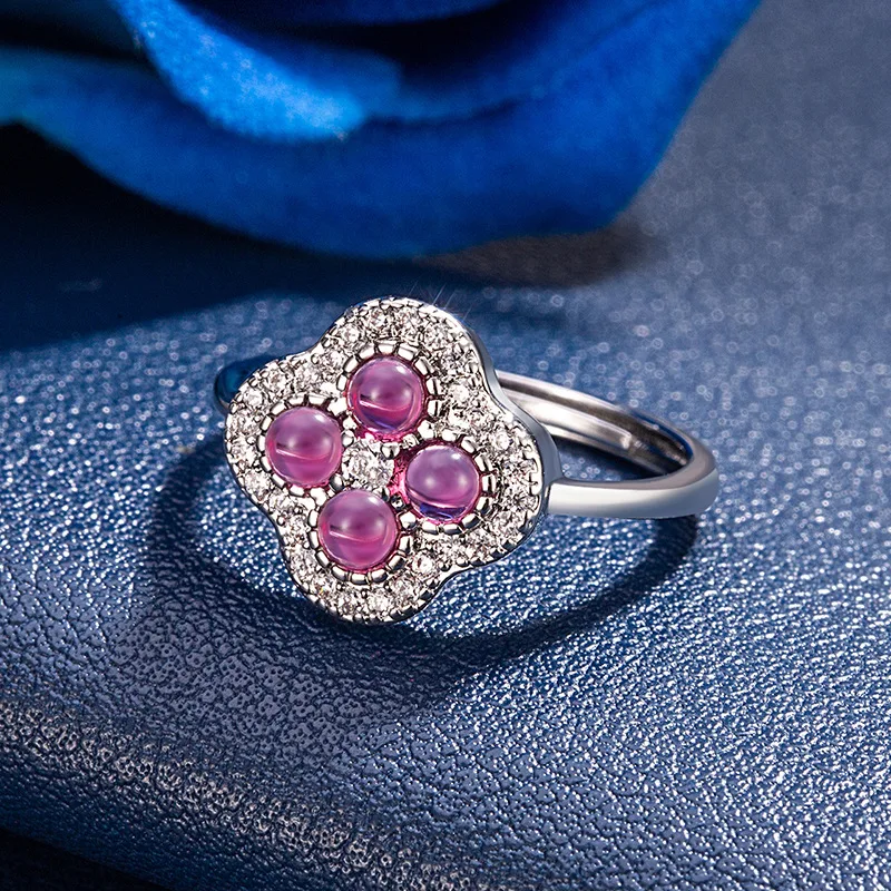 2026 New Collection-Luxurious Pink Zirconium Four-Leaf Clover Shape Women Ring-Weekend Party Fashion Jewelry-Luxury Jewelry Copy