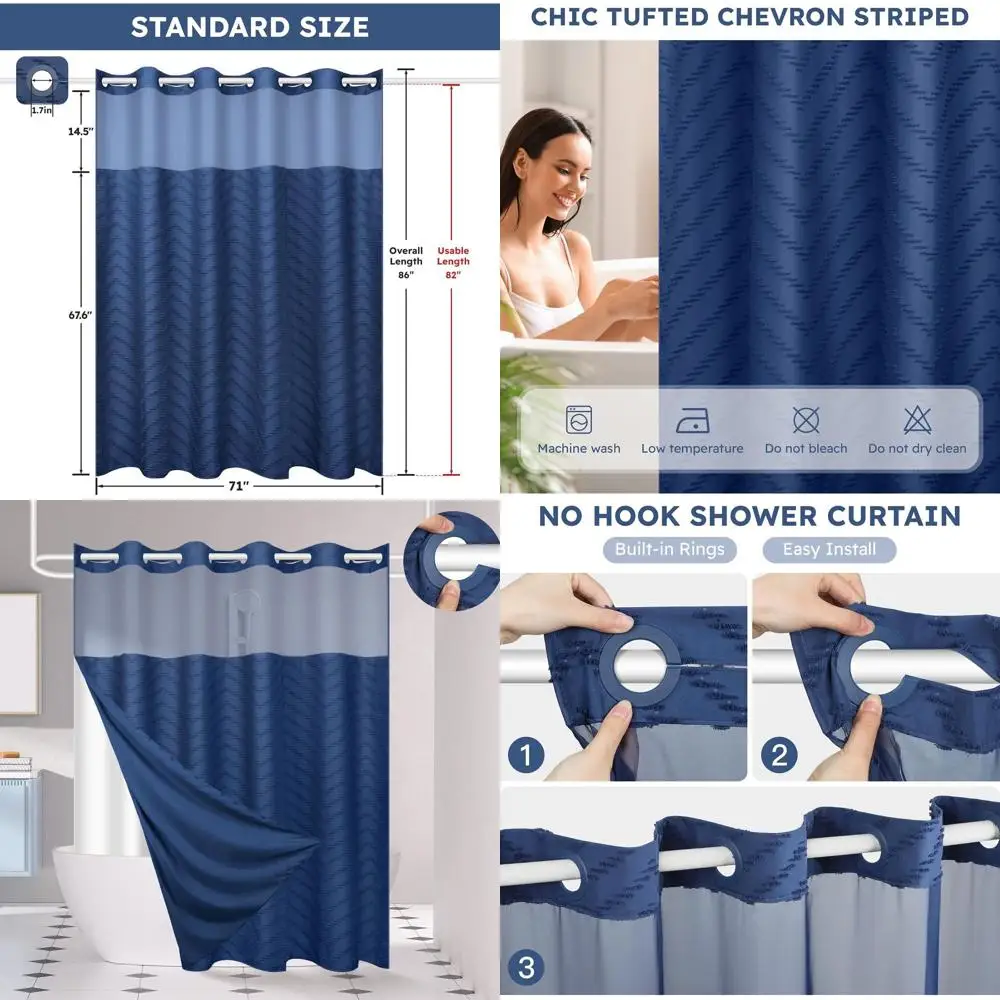 

Navy Blue Tufted Chevron Striped Waterproof Shower Curtain Set with Mesh Top for Bathroom, 71x86