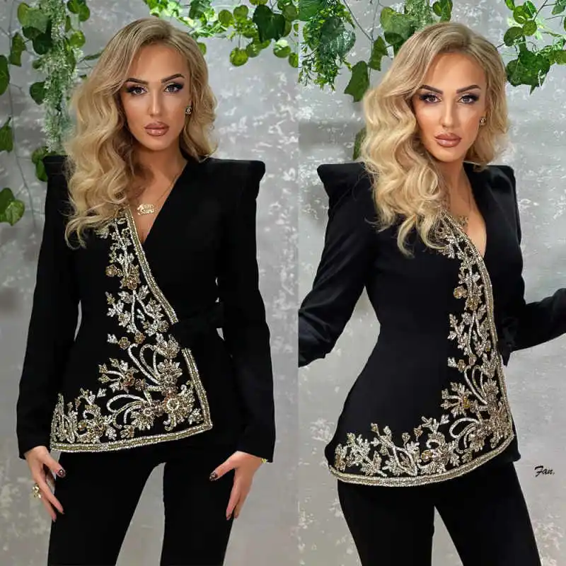 

Chic Women's Suit 2 Piece Jacket Pants Applique Long Sleeve Single Breasted V-Neck Formal Occasion Banquet Customized