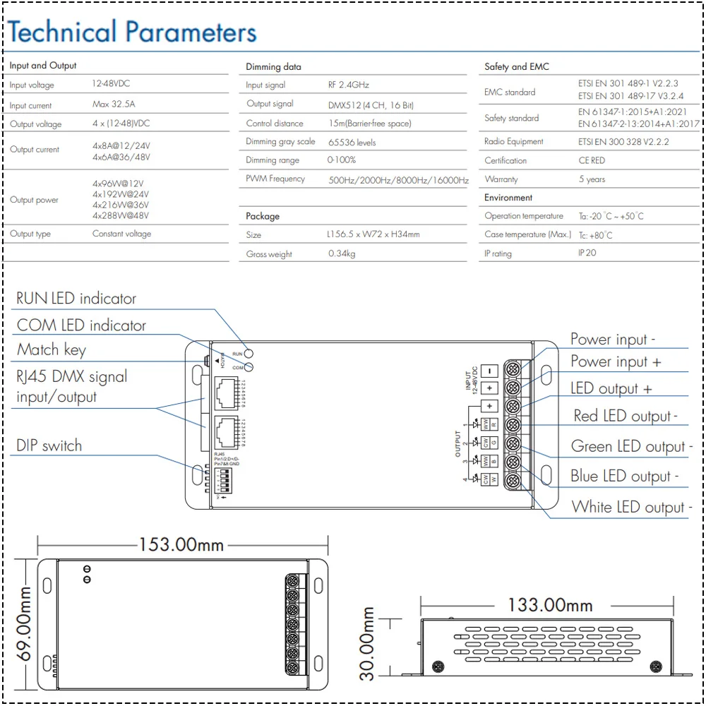 RF Synchronous 4 CH LED Controller DMX512 PWM Dimming Master or Slave Mode 10 RGB Dynamic Mode DC12-48V Match With 2.4G Remote