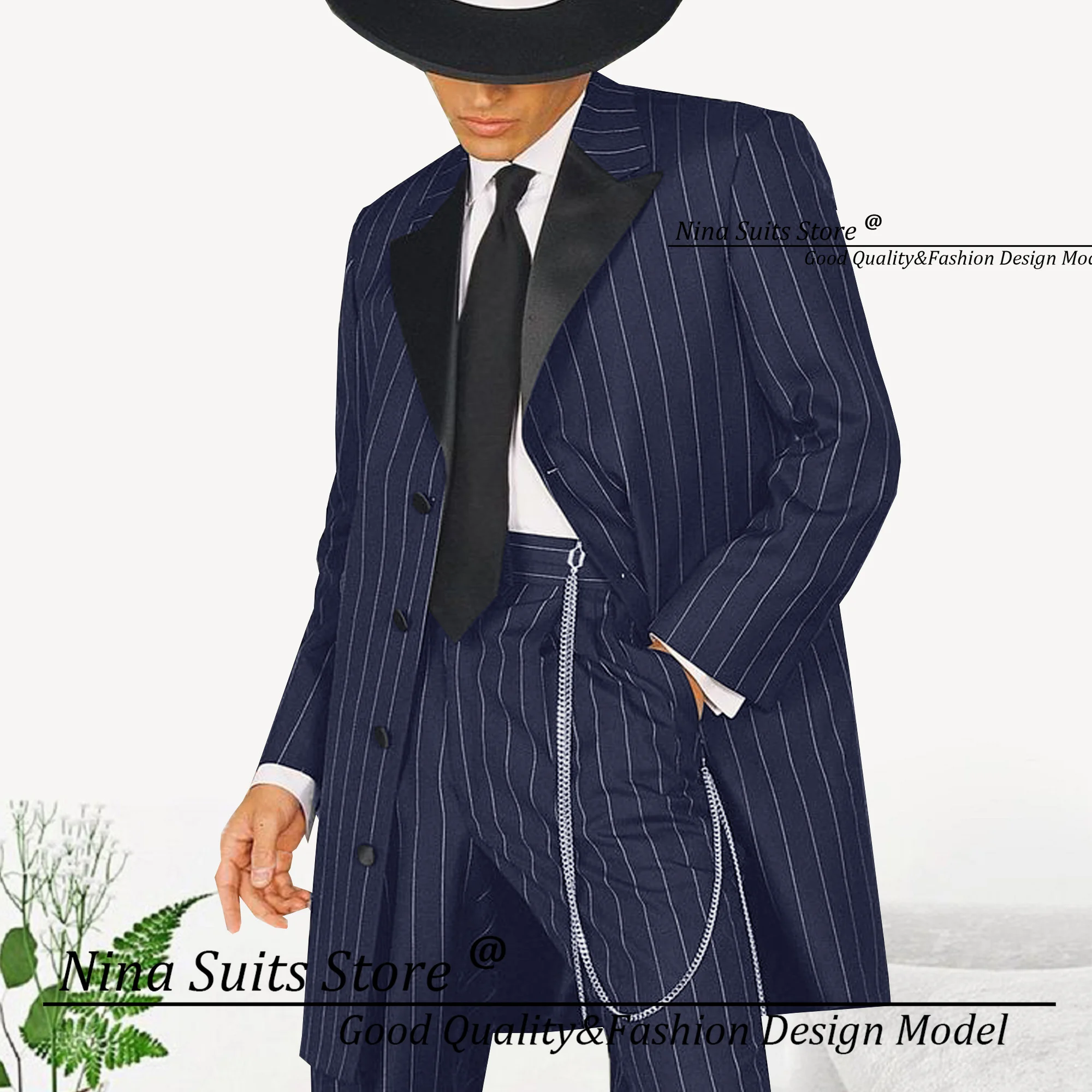 Nina Store Wide Distance Stripe Men Suits Long Blazer Casual Pants Navy White Pinstripe Peak Lapel Tuxedos for Business Party