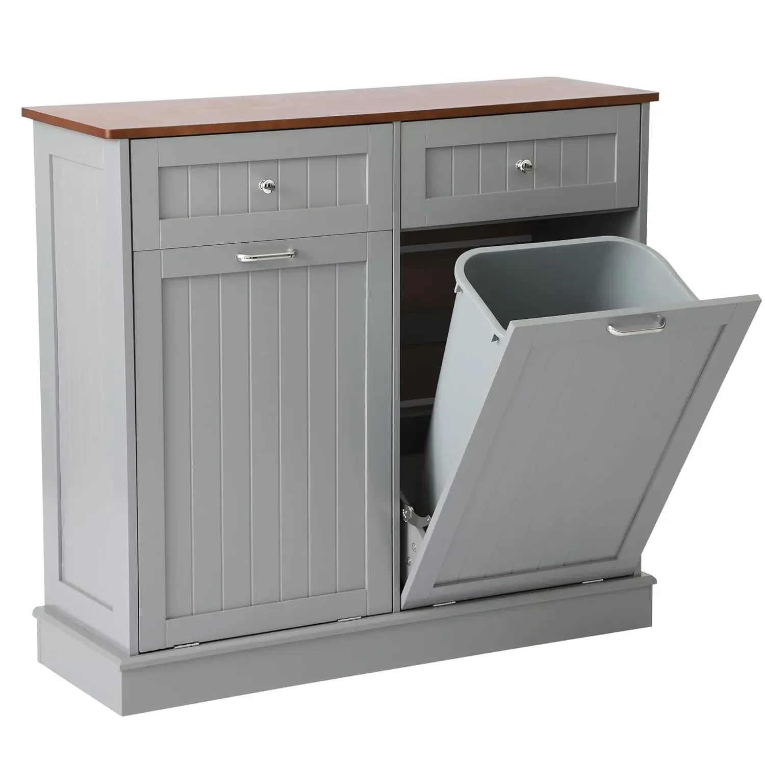 Trash Can Tilt Out Cabinet Double Hidden Compartment for Recycling Dog Proof Free Standing Kitchen Bin