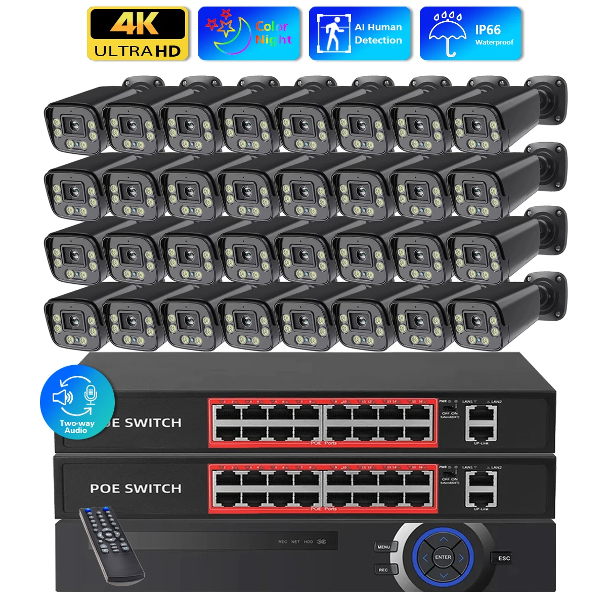 36CH 4K 8MP CCTV Security Camera System Human Detection Two Way Audio Smart AI Colorful Night Vision Video POE Surveillance Kit