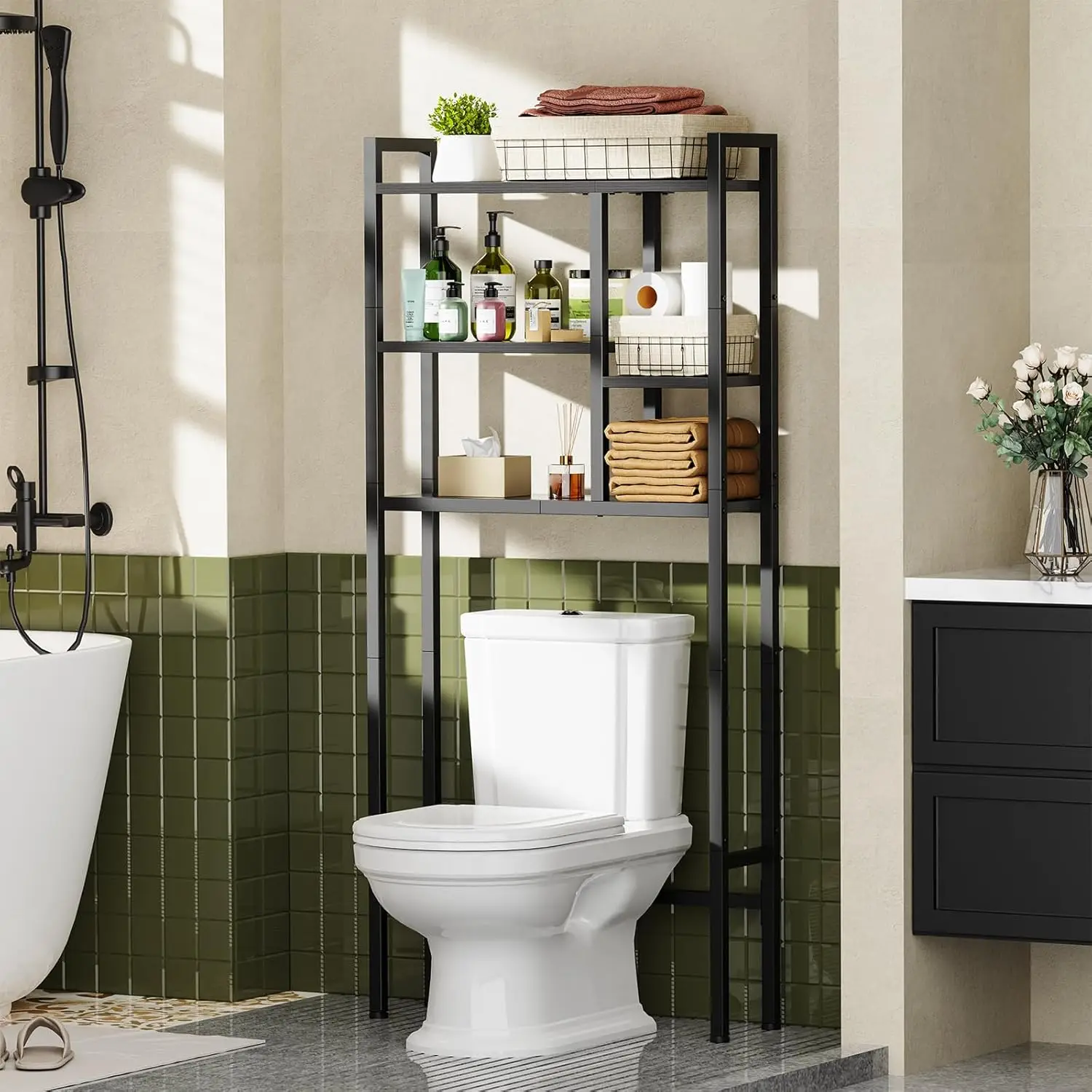 Over The Toilet Storage Rack, 3-Tier Bathroom Organizer Over Toilet, Wooden Above Toilet Storage Shelf, Space Saver, Freestan