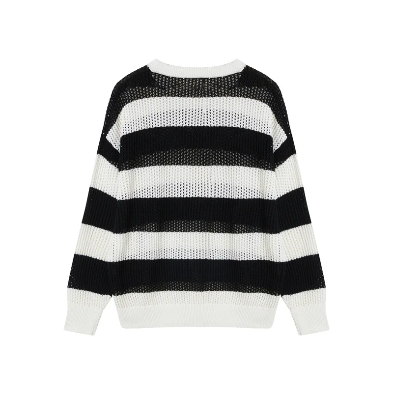 

Hollowed-out Fashionable Striped Sweater for Men, Spring and Autumn Couple Knitted Shirt, Round-neck Trendy Loose and Lazy Style