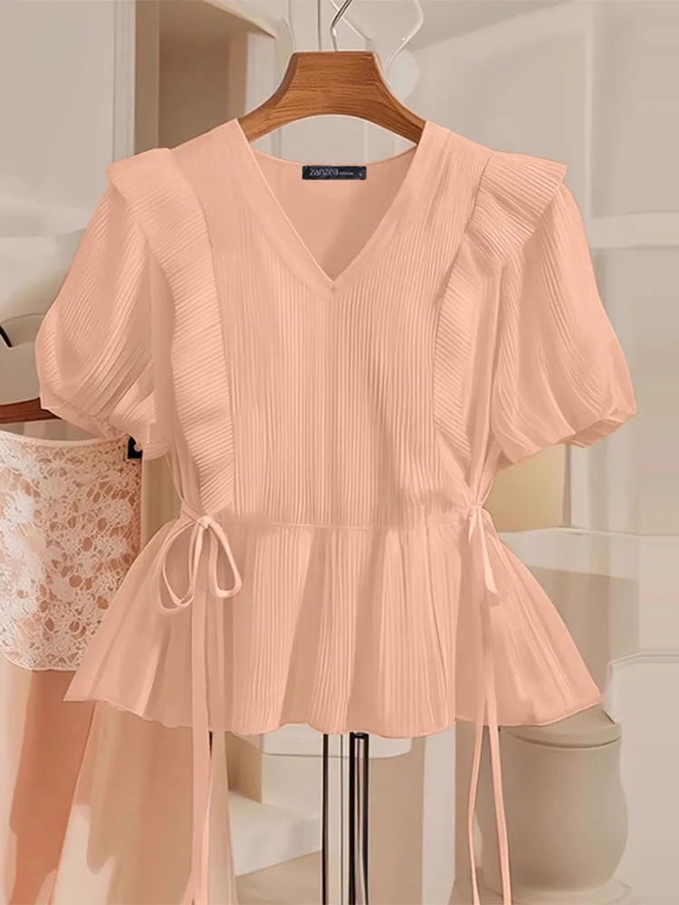 ZANZEA Casual Lace-Up Tops Women's Blouse Summer Short Sleeve Tunic 2025 Female OL Work Shirts Elegant V Neck Solid Color Blusas