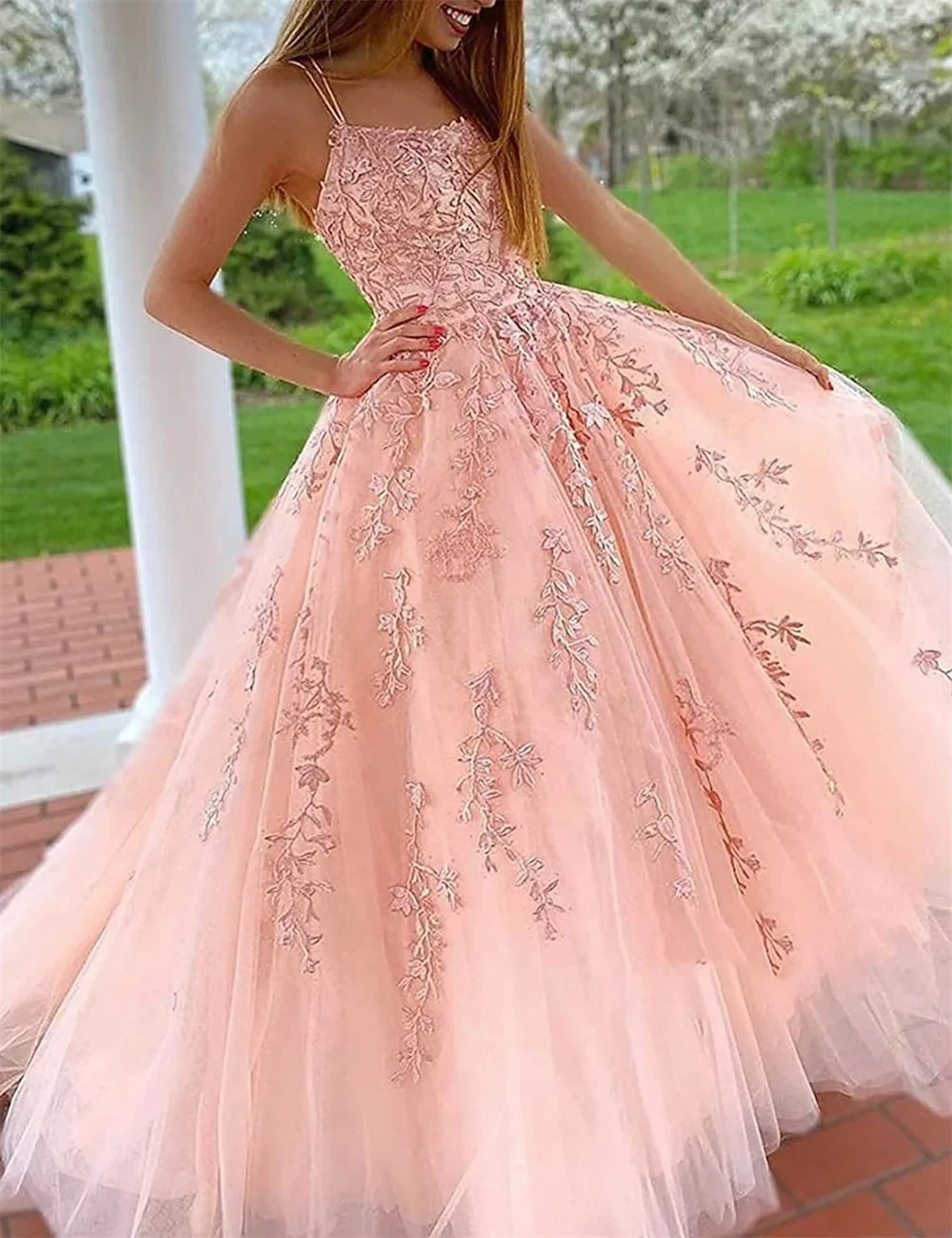 

Elegant Charming A-Line Prom Dress Formal Occasion Dresses Chapel Train Sleeveless Spaghetti Strap Tulle with Floral Appliques