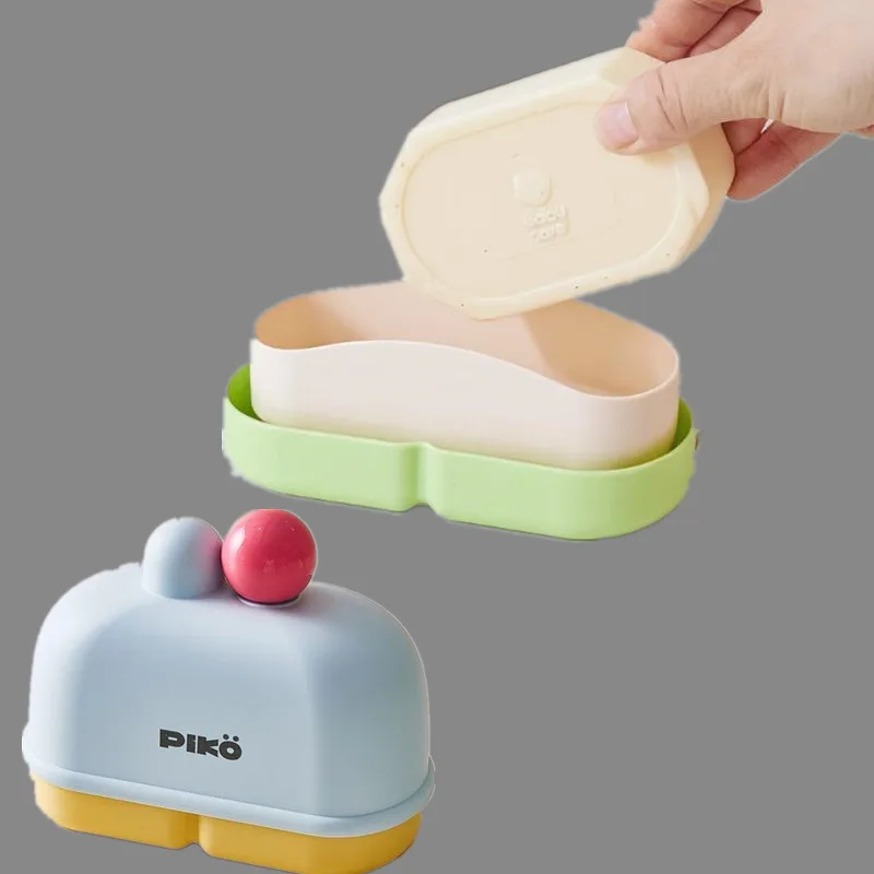 

Double-Layer Plastic Soap Box with Lid, Drain Soap Holder, Cute Cartoon, Home Bathroom Countertop, Soap Container, 1Pc